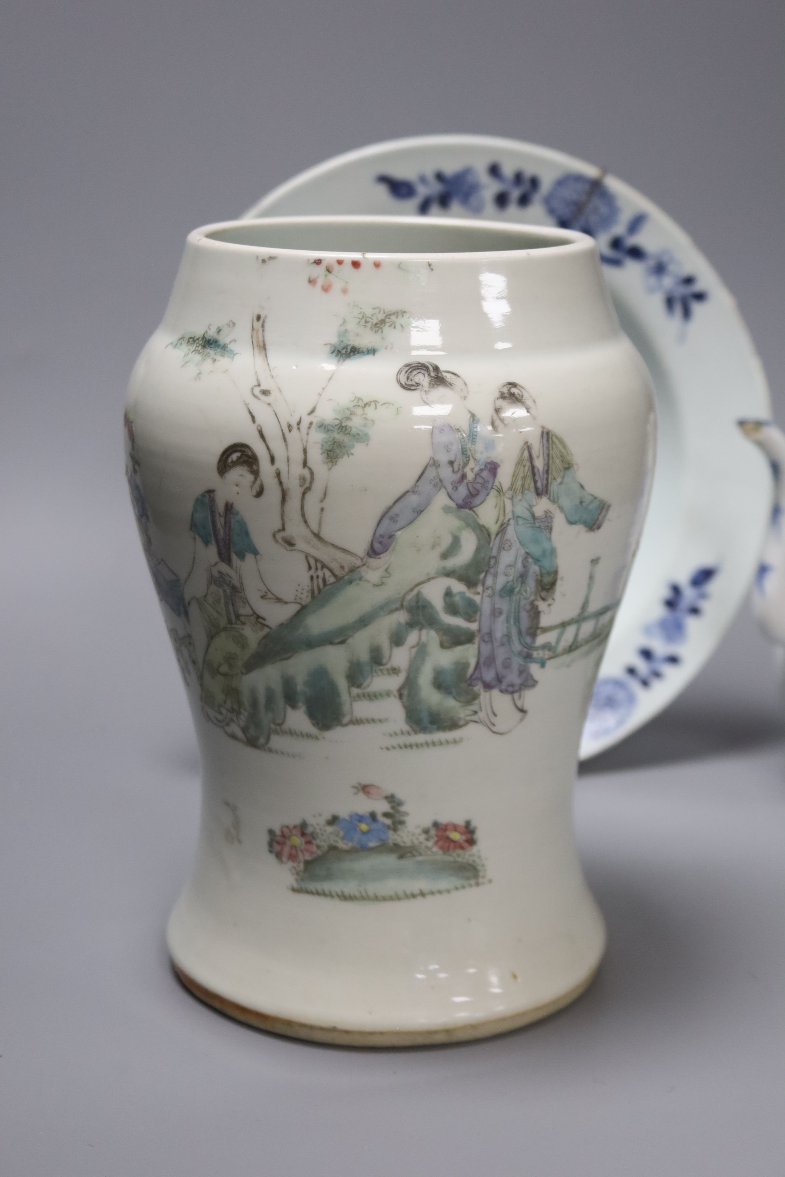 A 19th century Chinese blue and white bowl, together with a blue and white jug and a famille verte vase, largest 21cm